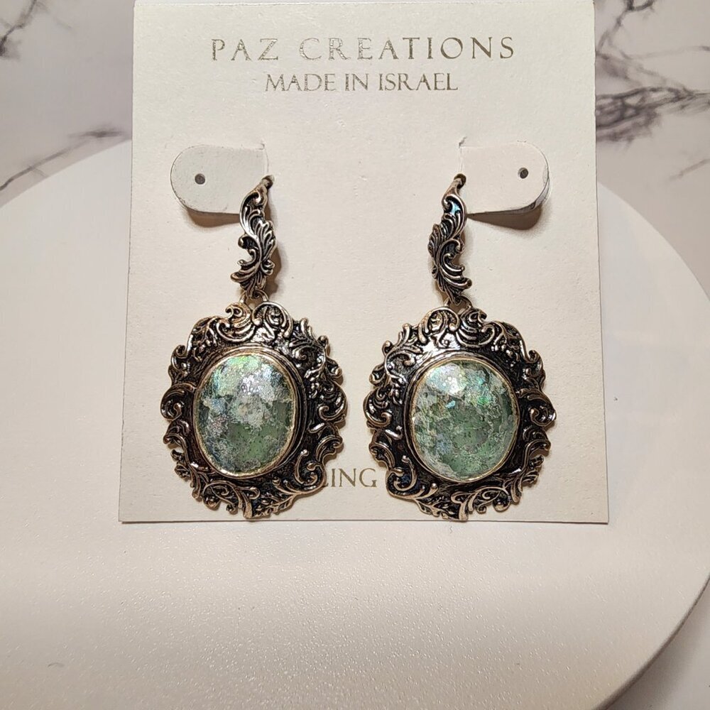 Paz Creations Sterling Silver Roman Glass Made in Israel Earrings - Picture 2 of 8